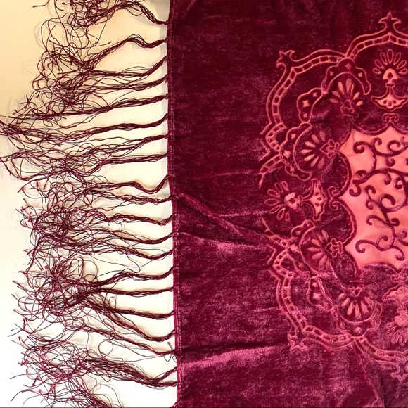 Gorgeous Cranberry Wine Colored Burn Out Scarf with Fringe - Picture 7 of 9